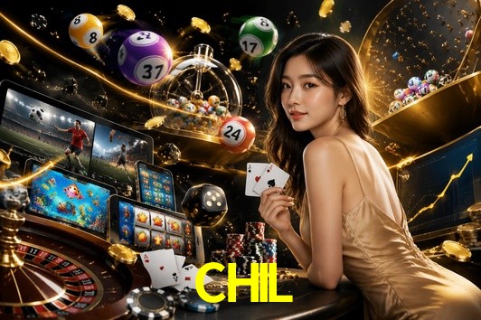 Una escena digital vívida inspirada en casino con CHIL mostrado prominentemente, luces brillantes, fichas, cartas y acentos dorados.