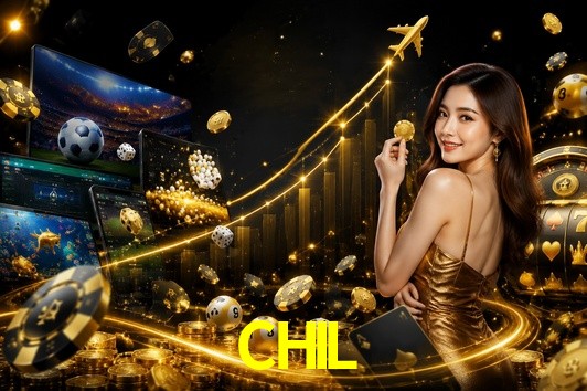 Escena dinámica inspirada en casino con iluminación CHIL, cartas, fichas e íconos de juegos digitales en un espacio moderno de juegos.